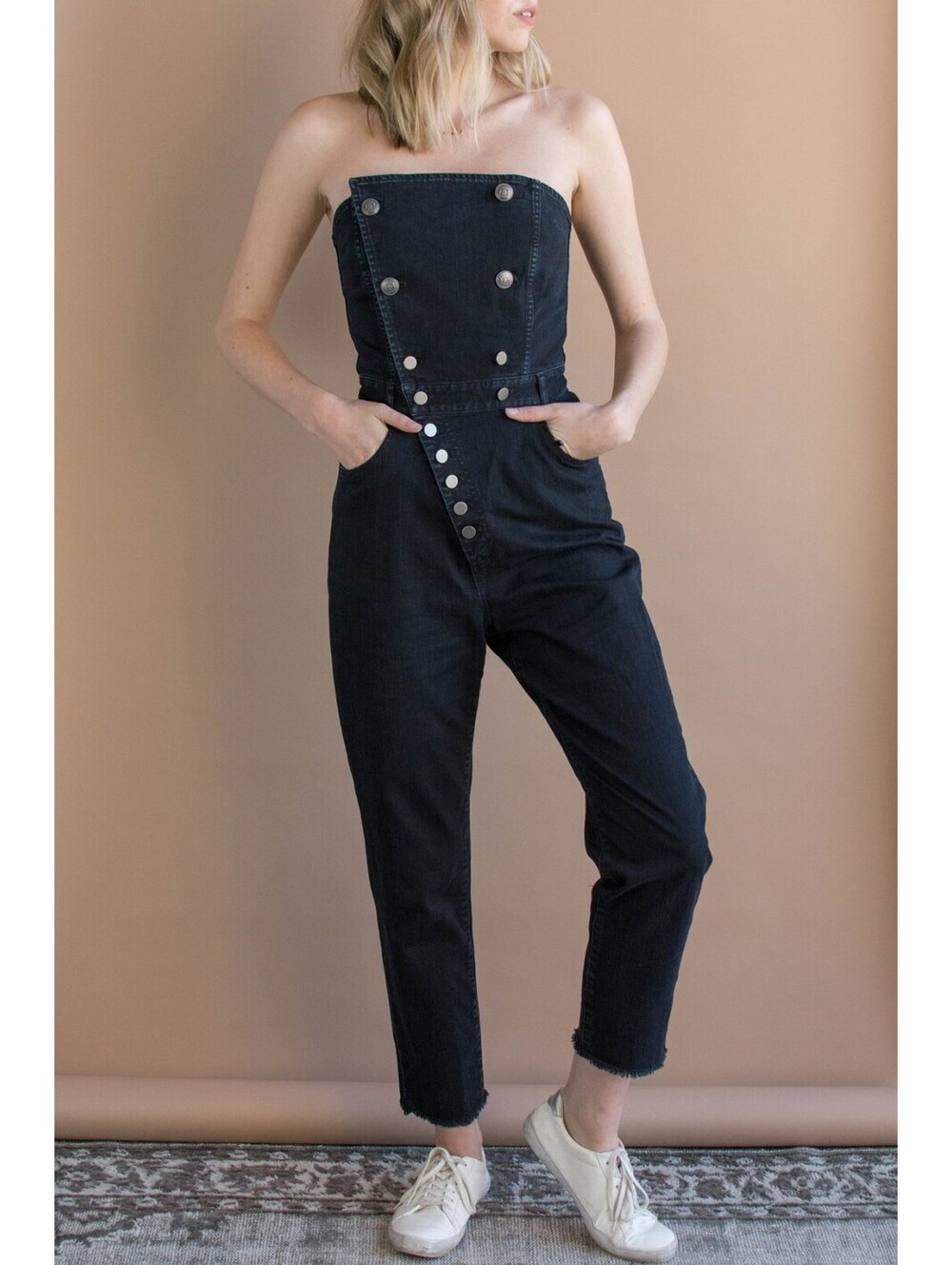 Marissa Webb Myles Overdyed Denim Strapless Black Jumpsuit